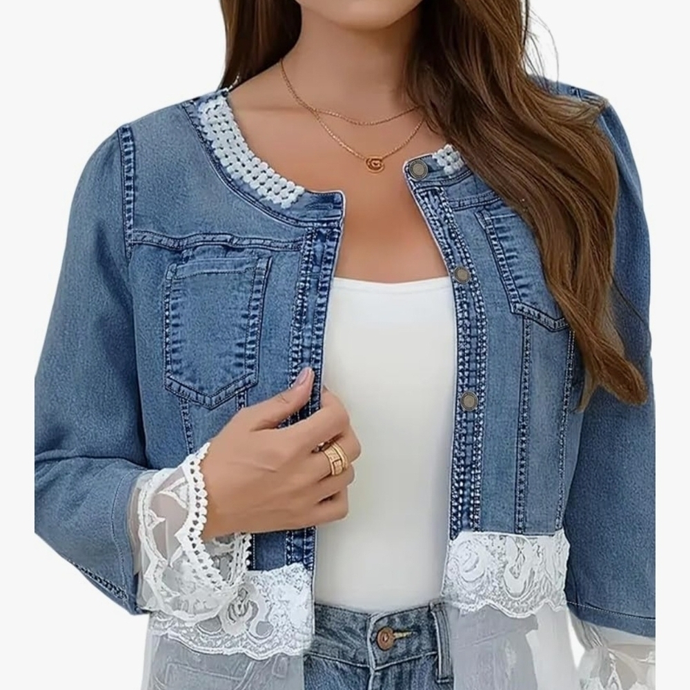 Denim Jacket with Lace Trim - Picture 1 of 3